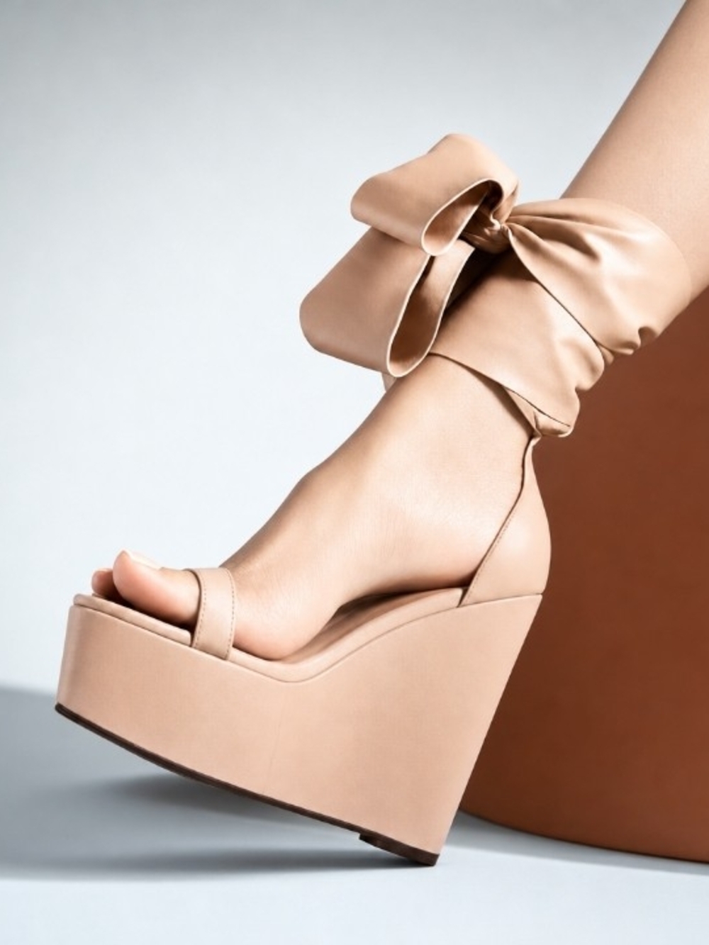 K Nicole's Bridal Bow Platform Wedge Sandals  Neutral Beige • Soft Glam Heel 9.5